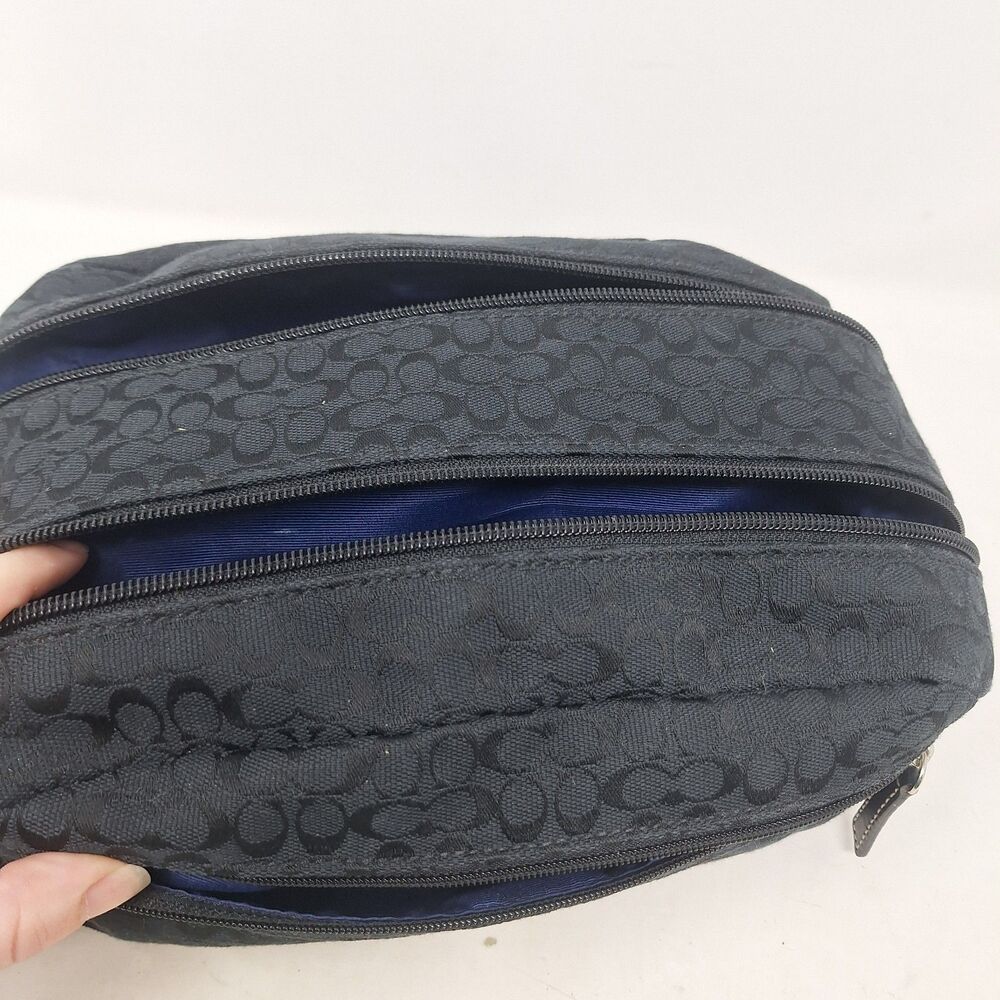 Coach Black Signature Jaquard Logo Canvas White Stripe Toiletry Bag Travel - Picture 7 of 9